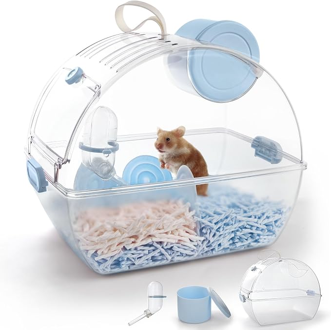 Small Portable Hamster Cages,Big Size(13×8.2×10.8'') Hamster Carrier with Water Bottle,Dwarf Hamster Travel Cage with Storage Box,360º Transparent Acrylic Pet Travel Carrier,Mouse Gerbil Cage(Blue)