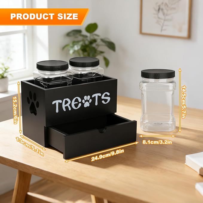 Dog Treat Jar for Countertop, 9.8 * 5.1 * 6'' 2 Layer Dog Treat Container with Drawer 2Jars and Sticker Wooden Pet Food Organizer Storage Basket For Pets Great Gift for Pets' Owners (Black)