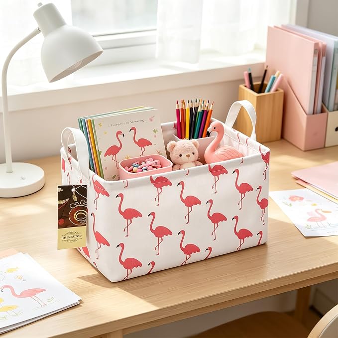 Rectangle Foldable Storage Basket Handles For Home, Flamingo | Waterproof reinforced handles, perfect for shelf use, organizes clothes, daily items and pet supplies