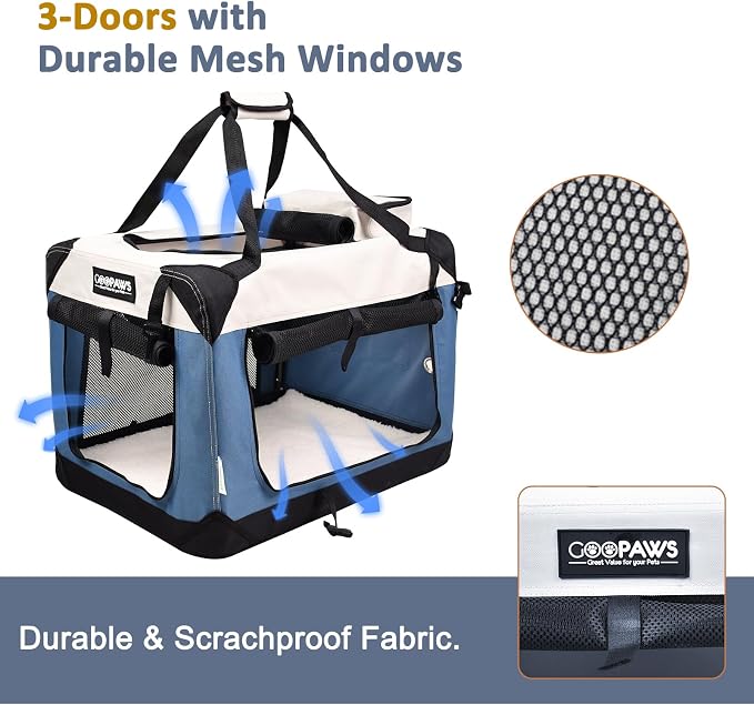 Jespet 3 Door Soft Dog Crates Kennel for Pets, Folding Travel Pet Carrier | 3 Mesh Doors 24'' Dog House, Large Pocket, Easy to Install, Steel Frame, Removable Crate Pad, For Indoor & Outdoor