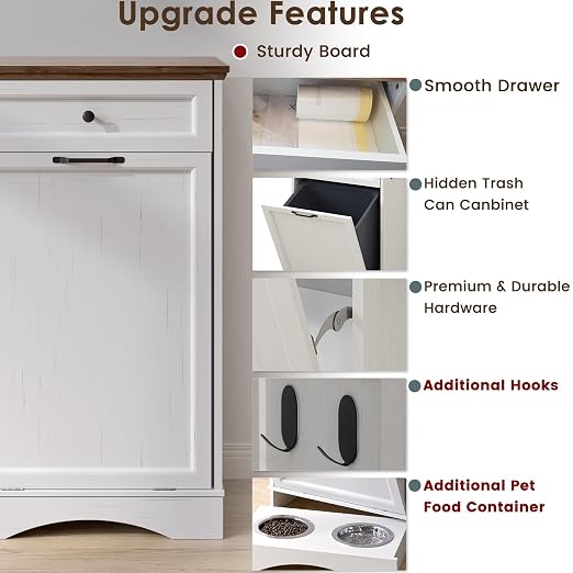 NEWOWNDS Tilt Out Trash Can Cabinet 10 Gallon Hidden Trash Garbage Can Cabinet with Drawer,Pet Proof Hidden Garbage for Kitchen,Laundry Bathroom (White, Single Door)