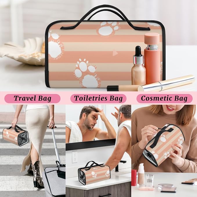 Dog Paws Makeup Bag for Women Hanging Roll-Up Travel Organizer Toiletry Kit with 4 Removable Compartments, Cat Pet Paw Animal