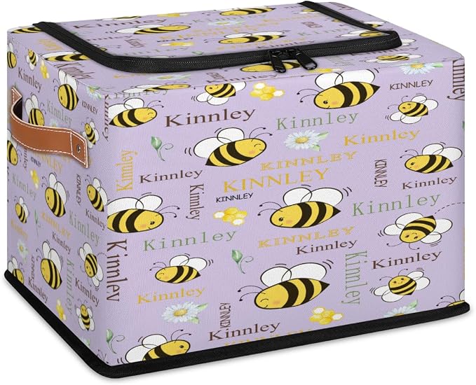 Custom Name Storage Bin with Lid Zipper, Personalized Rectangular Storage Basket with Handles for Organizing Girls Toys Office Closet Shelf Baskets, Cartoon Bee with Daisy Floral Light Purple