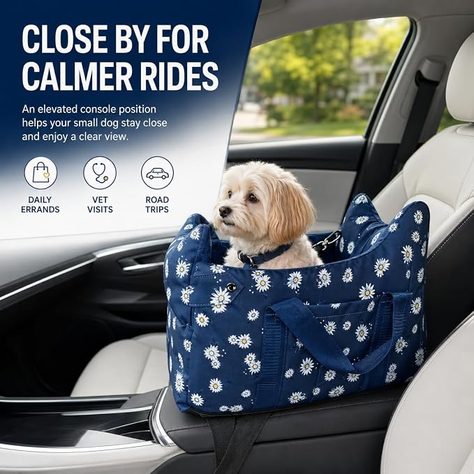 Center Console Dog Car Seat for Small Dogs 5–15 lbs | Fits Compact Cars | Chihuahua/Yorkie/Pomeranian Travel Seat