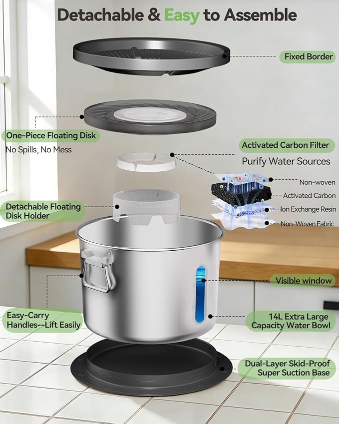 UPSKY 14L No Spill Dog Water Bowl, Stainless Steel Spill Proof Dog Bowl with Water Window, Dual-Suction Anti-Slip Large Capacity Slow Drinking Bowl with Floating Disk for Large Dogs & Messy Drinkers