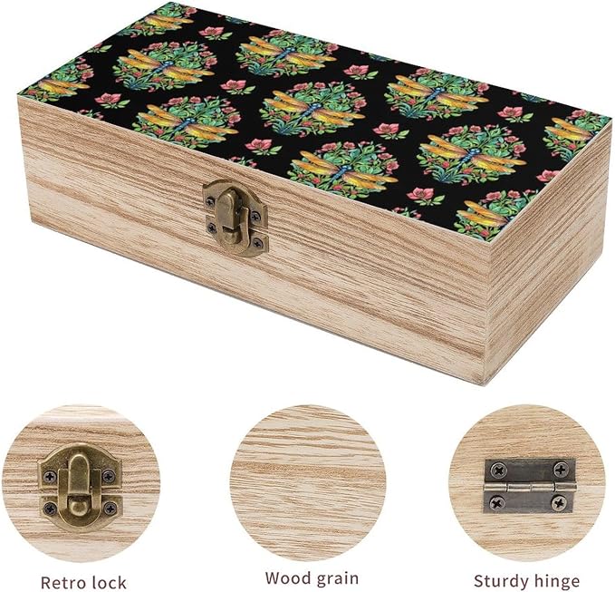 Small Wooden Keepsake Storage Box with Hinged Lid Jewelry Organizer | Dragonfly Animal Lover Decorative Gift Boxes Small Rectangle Case Party Favor Decor