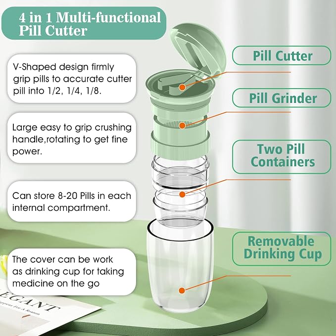 Pill Cutter Crusher Splitter: 3-in-1 Portable Storage Case Green