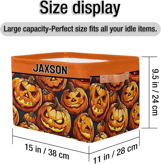 Custom Storage Baskets for Kids Name, Large Foldable Organizer Collapsible Storage Bin with Leather Handle for Home Toys Closet Nursery, Painted Happy Halloween Pumpkin