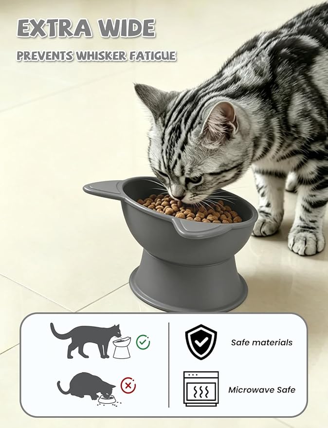 YINEYA Cat Bowls, Cat Food Bowl Elevated to Protect Neck & Anti-Vomit, Whisker-Friendly Raised Food & Water Bowls for Indoor Cats/Small Dogs, Cute Pet Feeding Bowl 6 OZ Each, Dishwasher Safe, Gray