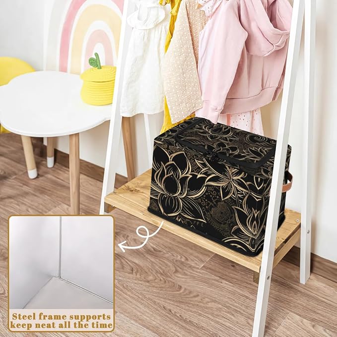 Storage Bins With Zipper Lid, Collapsible Trunk Organizer, Car Organizers and Storage Bins with Lids, Decorative Storage Boxes with Handle, Home Storage Baskets For Organizing (Golden Lotus)