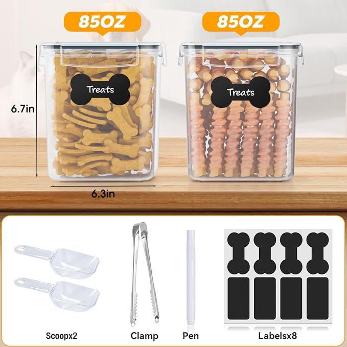 qeerable Airtight Dog Treat Jars with Scoops & Tongs - Small Pet Food Storage Containers for Kitchen Counter - 2-Pack Clear Plastic Dog Treat Holder & Canister for Puppy Training Rewards