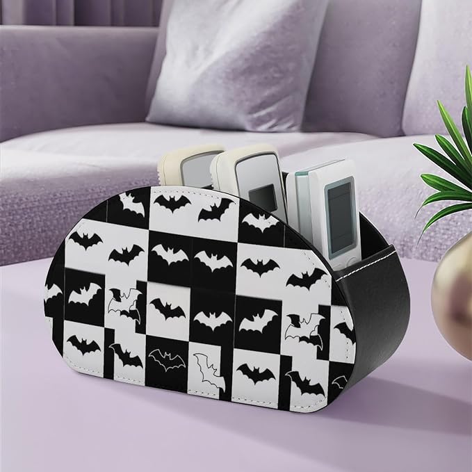 TV Remote Controllers Holder Gothic Bat Halloween Bedside Table Organizer | Desktop Storage Caddy Box, Gothic Bat Halloween Horror, Pu Leather, 5 Compartments for Controller, Media Player
