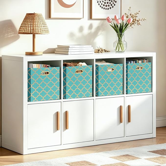 Posprica 11x11x11 Storage Cube Bins, Collapsible Storage Bins Fabric Storage Cubes Organizer Baskets Box Drawers for Shelves, Closet, Wardrobe, Bookshelf, Cabinet, Sky Blue/Gold Lantern, 4 Pack