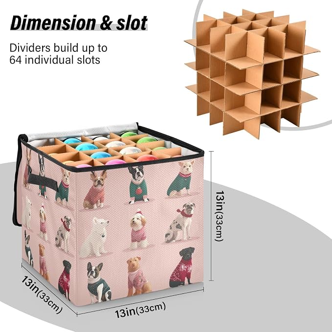 OTVEE Christmas Ornament Storage Box Holiday Decoration Organizer Stores upto 64 Holiday Ornaments Adjustable Dividers Tear-Proof Fabric Whimsical Pet Decor