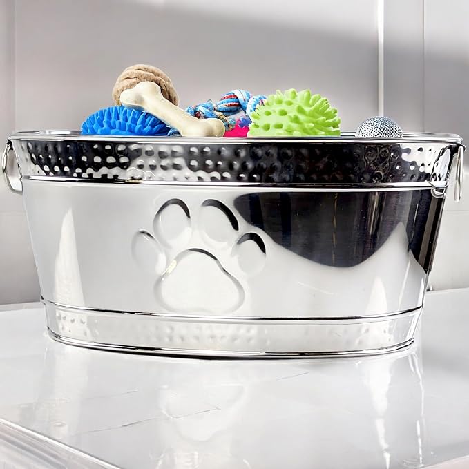 BREKX Steel Metal Pet Storage & Dog Toy Bin w/ Handles, Chew Proof | Dog Toy Box • Stainless Steel • Organizer