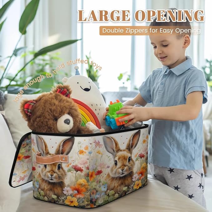 Pardick Storage Bin Easter Bunny Rabbit Storage Basket with Zipper Lid & Handle Foldable Storage Box Cube Bins Clothes Organizer for Closet, Bedroom