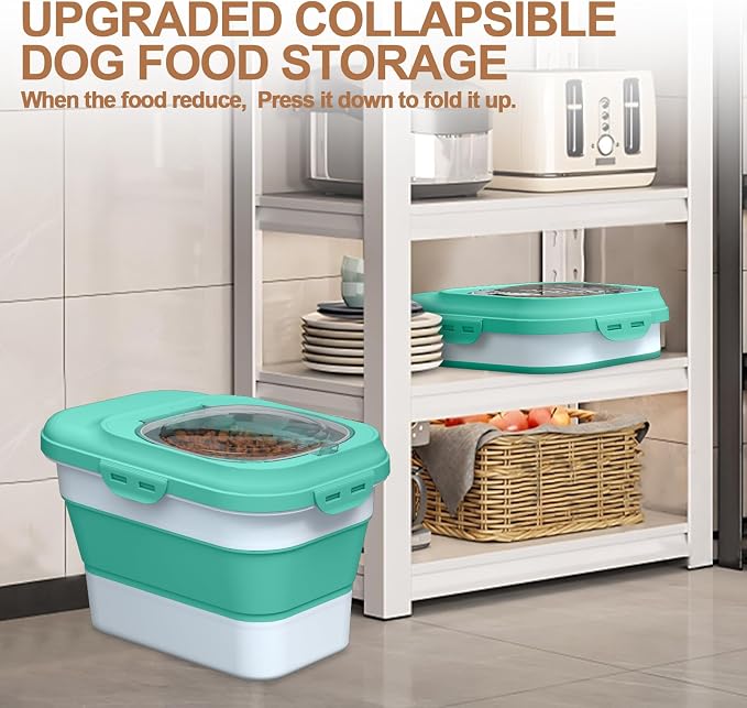 TIOVERY Dog Food Storage Container, 10lb to 13lb Collapsible Dog Cat Food Containers with Airtight Clear Flip-top and Pet Food Scoop, Pet Food Storage Container Bin for Dog Cat Bird Other Pets (Green)