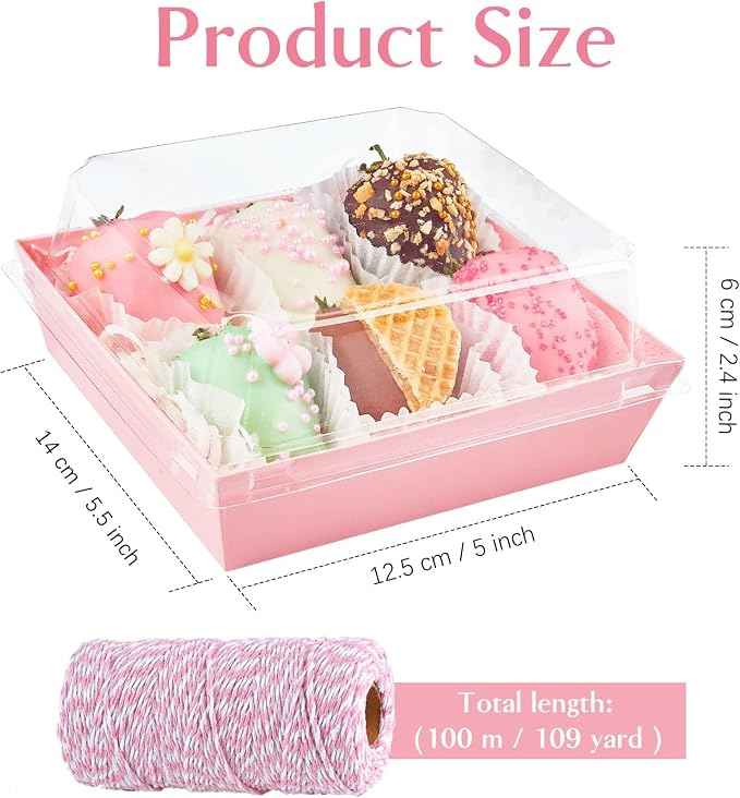 ZORRITA 50 Pack 5 Inch Paper Charcuterie Boxes with Clear Lids, Pink | Small, Square, To Go Food Containers, Bakery Boxes, For Mini Cake, Desserts, Cookies, Sandwiches, Strawberries
