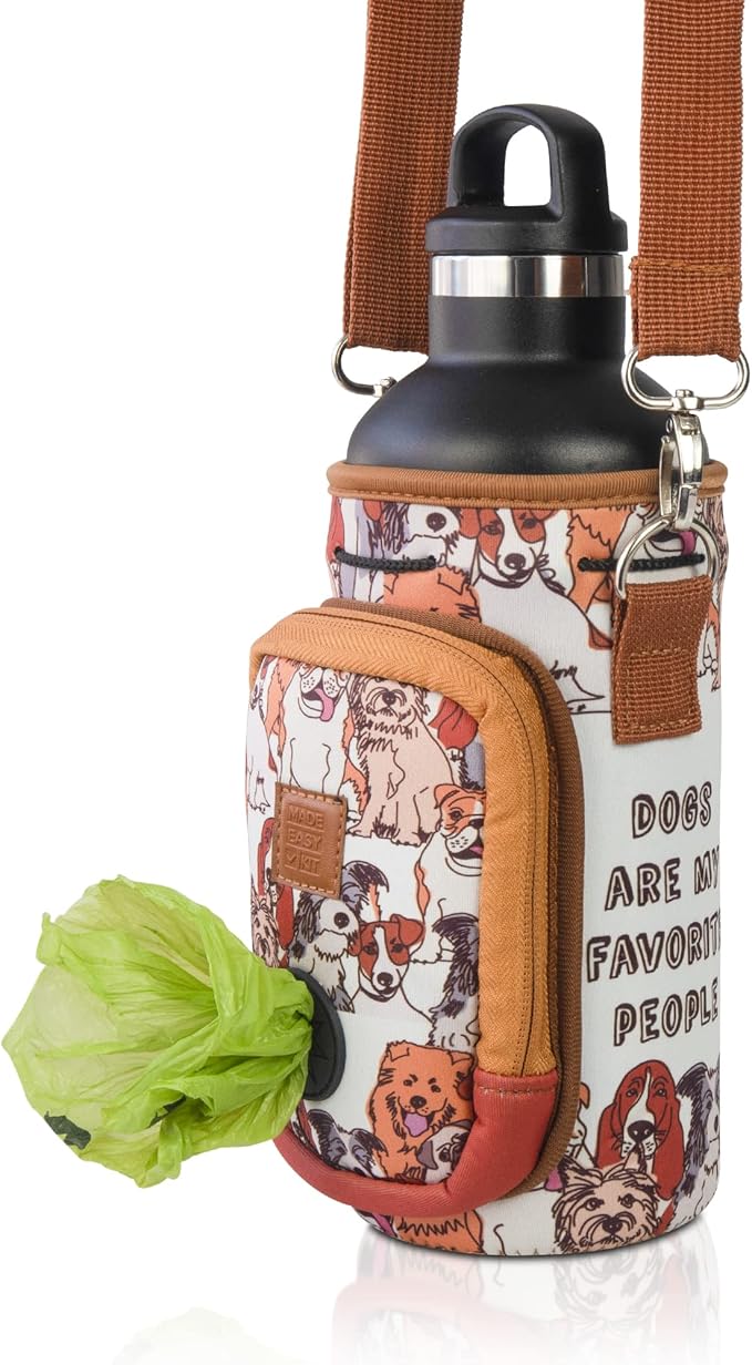 Made Easy Kit Water Bottle Carrier with Pocket for Dog Poop Waste Bags and Adjustable Padded Shoulder Strap (Large (32oz) with Bowl, Dog Lover, Brown)