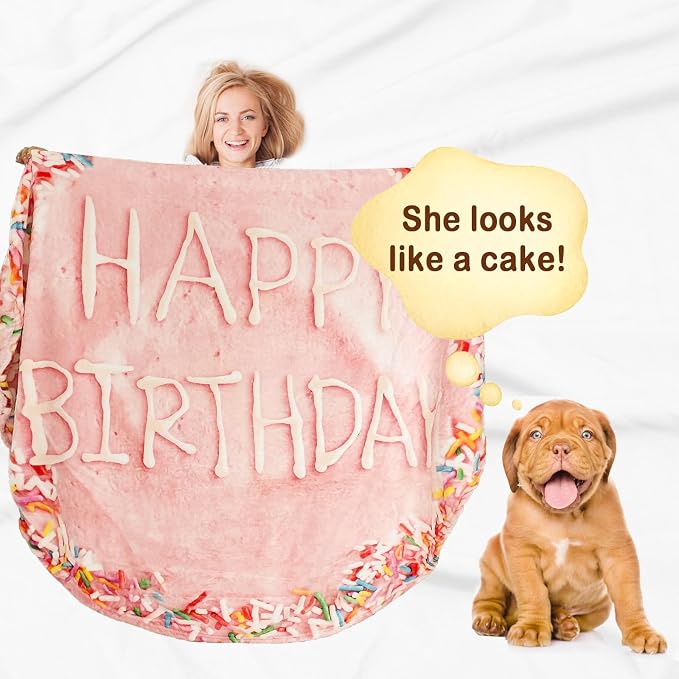 Bnuitland Pink Birthday Cake Blanket, 300 GSM Double Sided Giant Realistic Funny Gift Throw for Sofa Bed, Super Soft Novelty Food Blanket for Kids/Pets and Adults