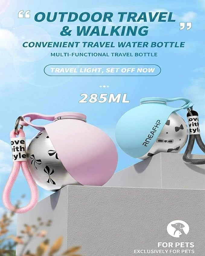 Dog Water Bottle with Bowl 2-in-1 Portable Leak Proof 10 OZ Puppy Travel Drink Dispenser for Large Medium Small Breeds Stainless Steel Hydration Tumbler Buddy Cup for Dogs Pets Outdoor(Blue B)