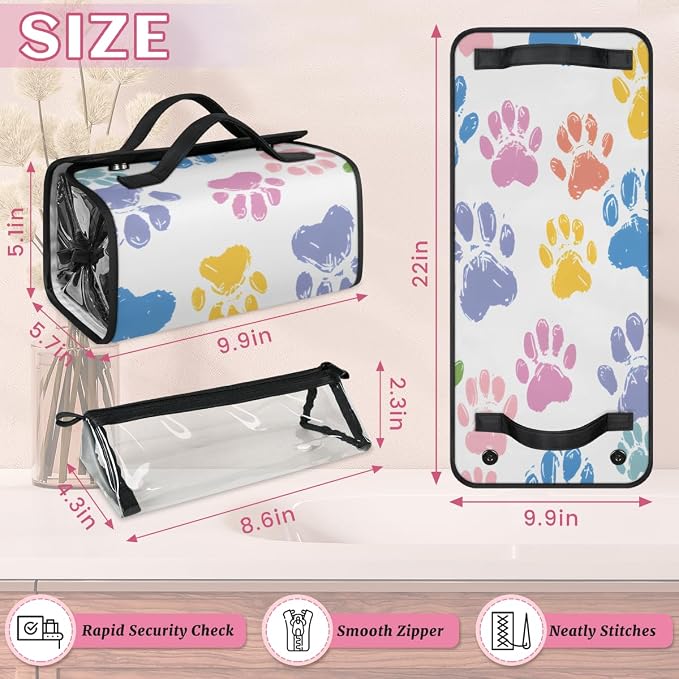 Colorful Dog Paw Makeup Bag for Women Hanging Roll-Up Travel Organizer Toiletry Kit with 4 Removable Compartments, Paw Print
