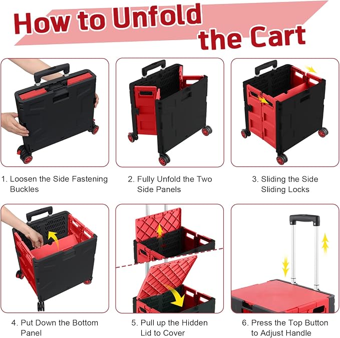 FELICON Folding Utility Cart Rolling Crate Handcart Basket Tote-Red+Black | Collapsible Hidden Lid,Plastic Box,Telescoping Handle,4 Rotate Wheels for Travel Shop Move Grocery Laundry Office Teacher Use