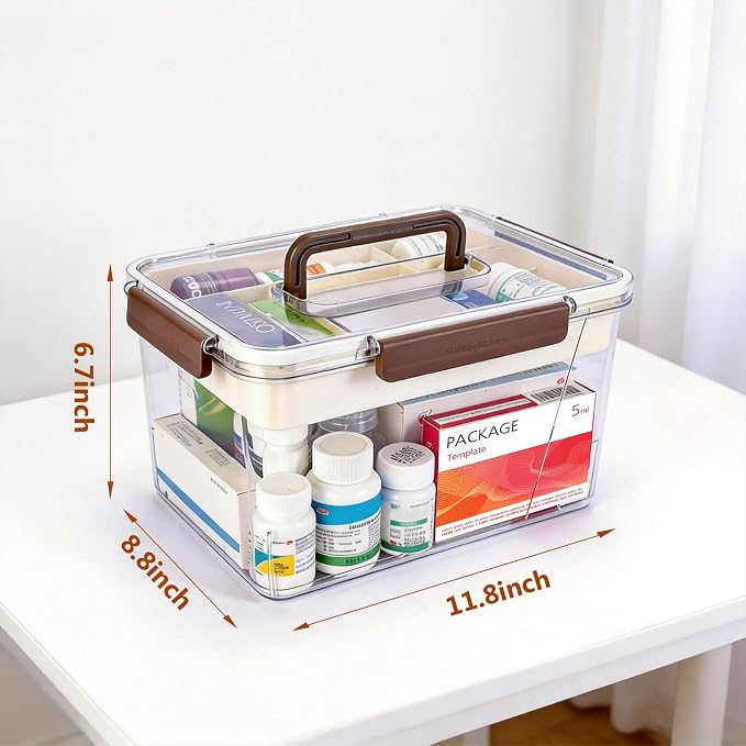 15QT Clear Medicine Storage Box, Portable Double Layer Medicine Organizer Box with Detachable Divided Tray, Clear Medicine Box for Family, Travel, Office & Dorm First Aid Medication Storage(XL)