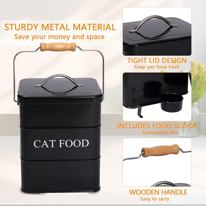 Cat Food Treat Storage Container with lid scoop included - Perfect Farmhouse Cat Food Bin for Kitchen Countertop, Shelf, Decoration Home - Cat Food - Black