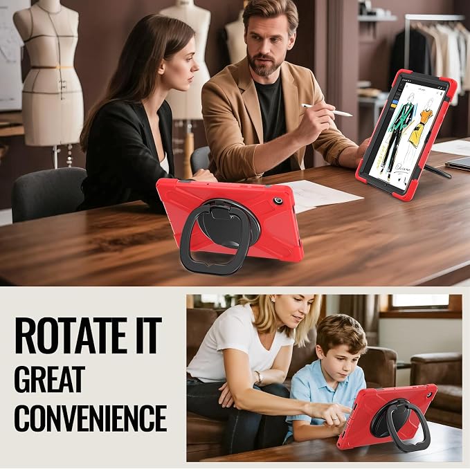 Rugged Protective Case Compatible with Samsung Galaxy Tab A11 Plus/A11 + 11" 2023 SM-X230, Military-Grade Shockproof Cover with 360° Rotating Stand & Built-in Screen Protector (Red)