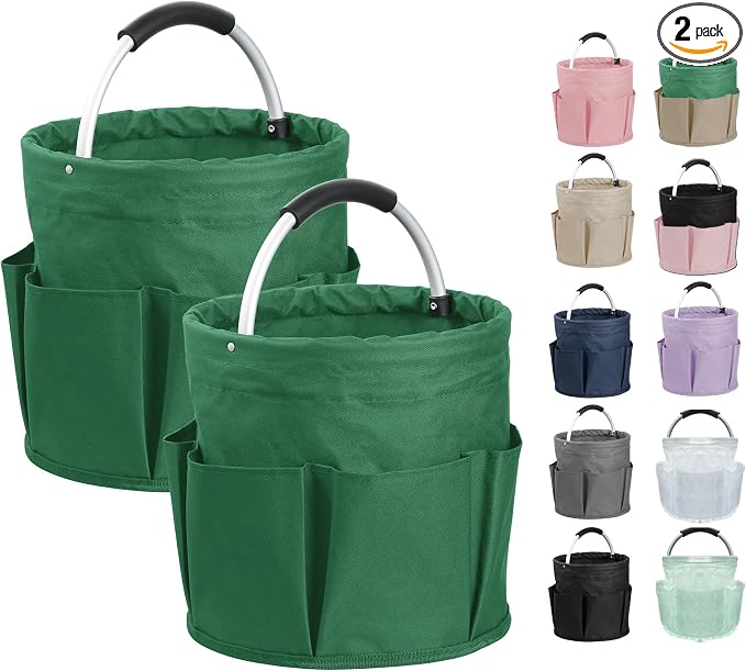 2-Pack Cleaning Supply Caddy with 6 Side Pockets, 17L Foldable Bucket Organizer Storage Tote with Handle, 600D Oxford Tool Bag for House, Dorm, Garden, Bathroom, Green