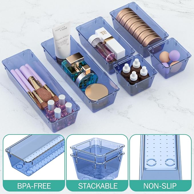 6 Pack Clear Drawer Organizer Set, Drawer Storage Trays, Storage Bins | Acrylic Drawer Storage Trays, Storage Bins for Makeup, Cosmetics, Jewelries, Utensils, Gadgets, Office