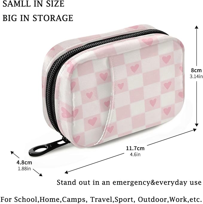 Fustylead Hearts on Pink and White Checkered Travel Pill Organizer Bag with Zipper Small Pill Box 7 Day Pill Case for Purse Storage Weekly Vitamin Medicine Supplement