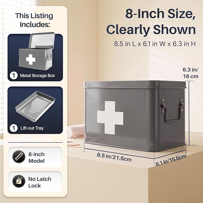Flexzion Large Metal First Aid Box Empty, 8.5-Inch, Gray with White Cross | Vintage Medicine Box and First Aid Storage Organizer with Removable Tray and Dividers; Empty Box Only, Supplies Not Included