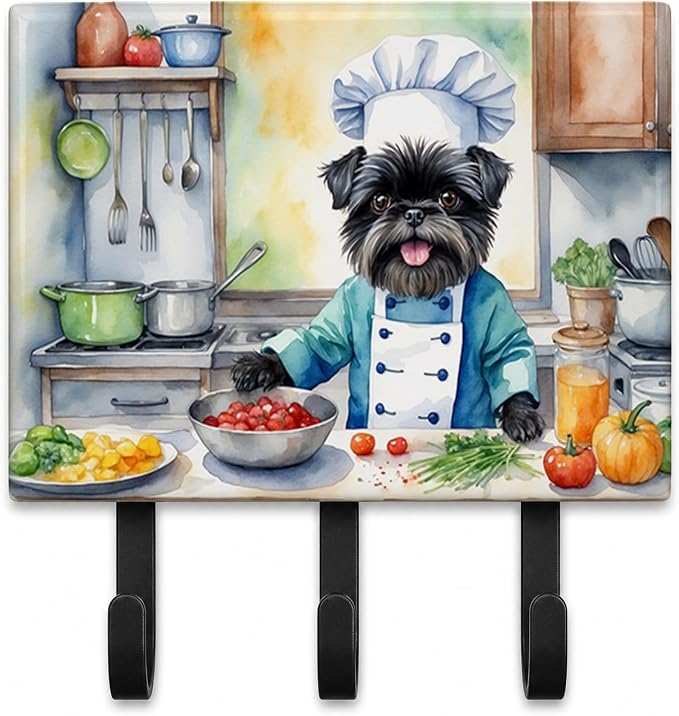 Caroline's Treasures Affenpinscher The Chef Leash or Key Holder Wall Hooks, Key Hooks Holder, Coat Rack Wall Mount, Coat Hooks, Hooks for Hanging Keys, Towels, Aprons, Leashes | Affenpinscher The Chef artwork on ceramic tile with three steel hooks for ...