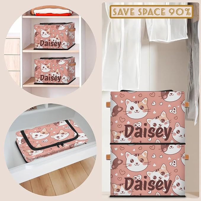 Custom Cute Cats Storage-Bin With Zipper Lid for Kids-Girls-Boys-Baby-Pet,Personalized Name Foldable Storage Box with Handle,Baby Basket With Label for Bedroom Nursery Toy Clothes,Pink