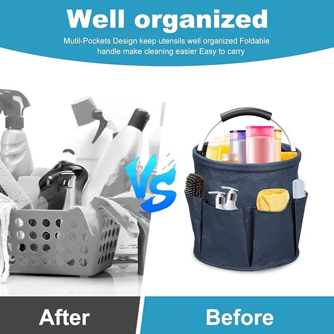 17L Foldable Cleaning Caddy with Handle - Portable Duty Tool Bag Cleaning Supply Organizer, Multi-Compartment Cleaning Bucket Storage Basket for Home Kitchen Bathroom (Blue)