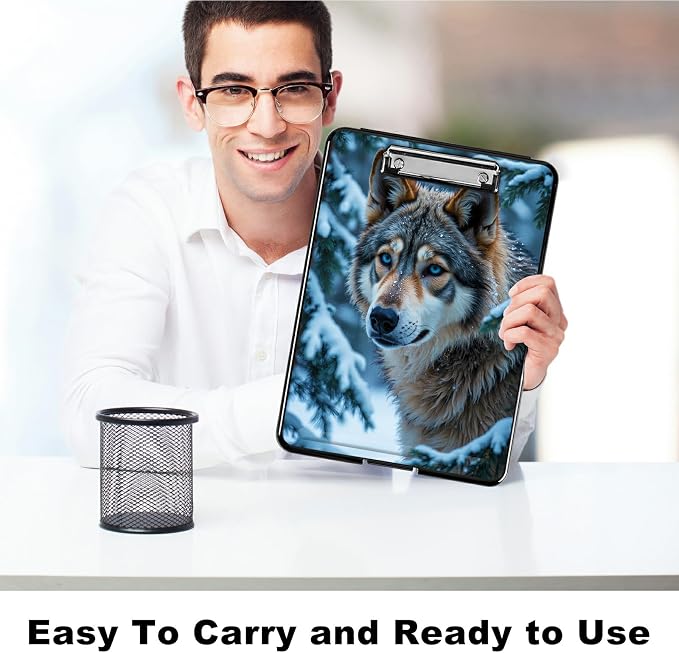 Heavy Duty Storage Clipboard, Slim Nursing Clipboard with Internal Pen Case, Portable File Organizer Case for A4 Letter Size Paper Office Medical Professionals, Snow Forest Wolf