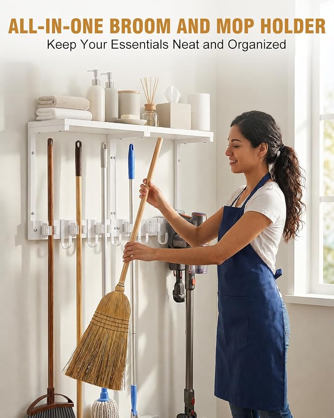 Large Broom Holder Wall Mount with Shelf, Vacuum Organizer, 5 Slots 5 Hooks | White, 3-In-1 Wall Mount Stores Brooms/Mops/Vacuum, Cleaning Supplies With 5 Grippers/5 Hooks And A Sturdy Wooden Top Shelf