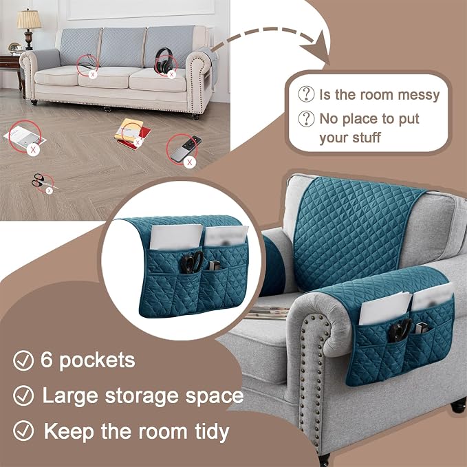 Water-Resistant Sofa Armrest and Headrest Covers with Side Pocket | Keep remotes close quilted polyester helps guard against wear, pet scratches, and kids' messes silicone backing adds grip