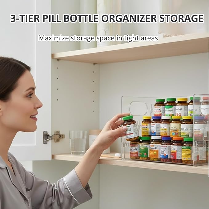 Medicine Bottle Storage Organizer, Pill Bottle Vitamin Organizer for Cabinet 3 Tier Clear Countertop Organizer Storage Rack Easy Access with Removable Shelves