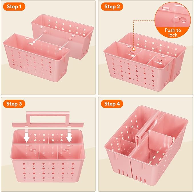 Lifewit Portable Shower Caddy, Plastic Basket Organizer, Pink, 3 Pack | Adjustable Dividers, Drain Design, College Dorm Room Essentials with Handle, for Bathroom