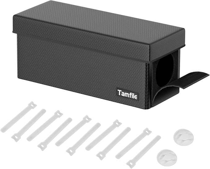 Tamfile Cable Management Box, Fireproof Foldable Cord Organizer and Cover | Heat Resistant Large Power Strip Organizer for TV Wires, Computer and USB Hub with Cable Clips & Reusable Cable Ties, Black
