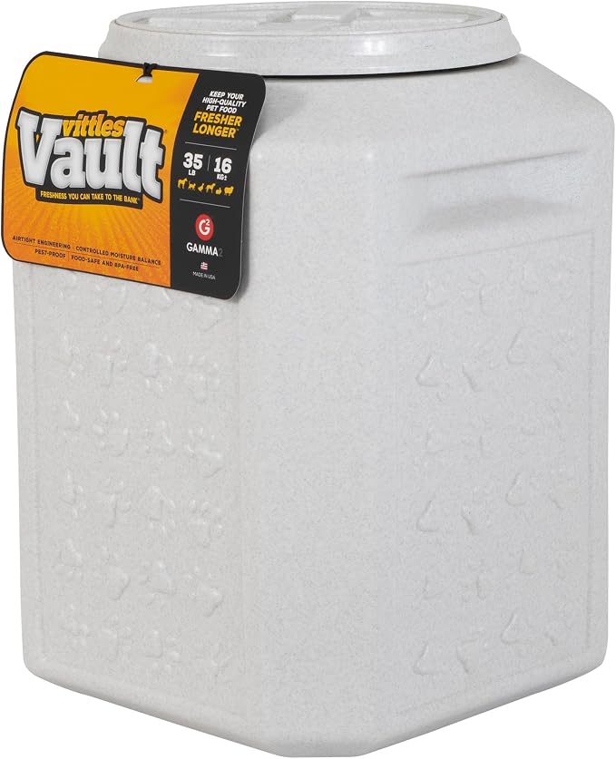 Vittles Vault Traditional Pet Food Storage Container For Dog Kibbles/Bird Seed/Oatmeal/Rice/Flour/Cereal, BPA Free Plastic, Sealed Airtight For Cat Food, Up To 35 lb, Made in USA, With Scoop, Gray