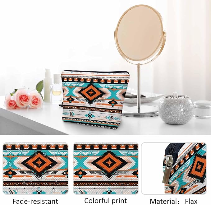 Aztec Cosmetic Bags For Women, Navajo Style Tribal Aztec Geometric Roomy Makeup Bag Toiletry Bag Accessories Organizer Storage Bags Makeup Pouch For Travel Business Gym Camping Bathroom