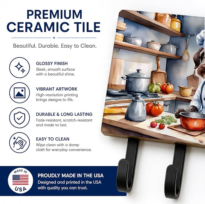 Caroline's Treasures German Wirehaired Pointer The Chef Leash or Key Holder Wall Hooks, Key Hooks Holder, Coat Rack Wall Mount, Coat Hooks, Hooks for Hanging Keys, Towels, Aprons, Leashes | German Wirehaired Pointer The Chef artwork on ceramic tile wit...