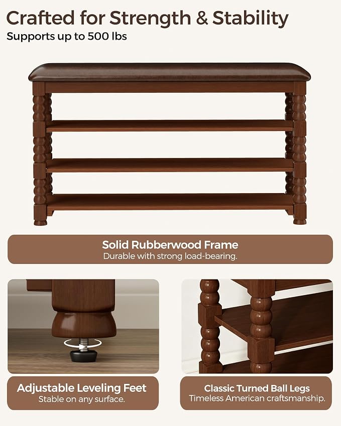Homleke 39.4" Wide Solid Wood Shoe Rack Bench with Classic Turned Ball Legs | Tall 3-Tier Entryway Bench with Leather Seat, Holds Up to 12 Pairs, for Hallway, Bedroom and Closet, Walnut