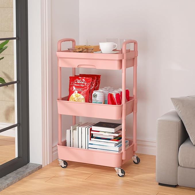 Calmootey 3-Tier Utility Cart with Drawer & Wheels, Storage for Home,Office | Space-Saving Organizer, Sturdy Plastic Shelves, Smooth-Rolling Metal Wheels, Built-in Drawer for Small Items, Pink
