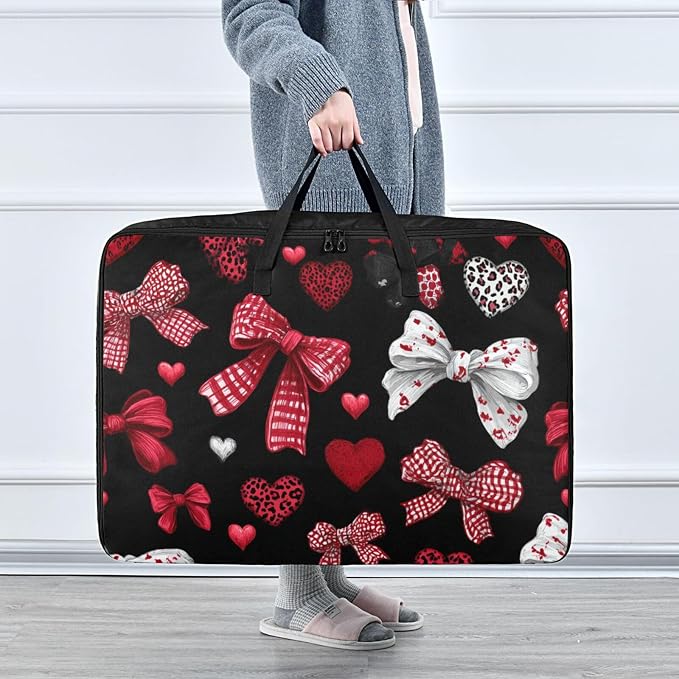 Comforter Storage Bags Large Folding Blanket Organizer Bag with Strong Handles Clear Window Closet Storage Containers for Clothes King Queen Pillows Bedding Quilt Duvet Red Bows Hearts