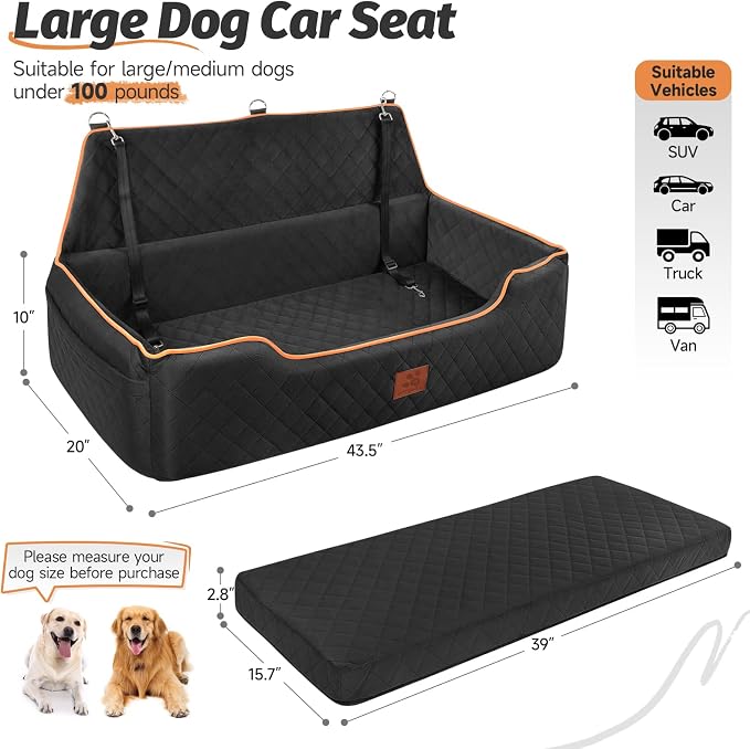 XIEEAOZEE Large Dog Car Seat for Dods Under 100 lbs, Memory Foam Dog Car Bed for Backseat & Trunk, Detachable and Washable Cover, Pet Travel Seat with Storage Pockets, 2 Safety Belts